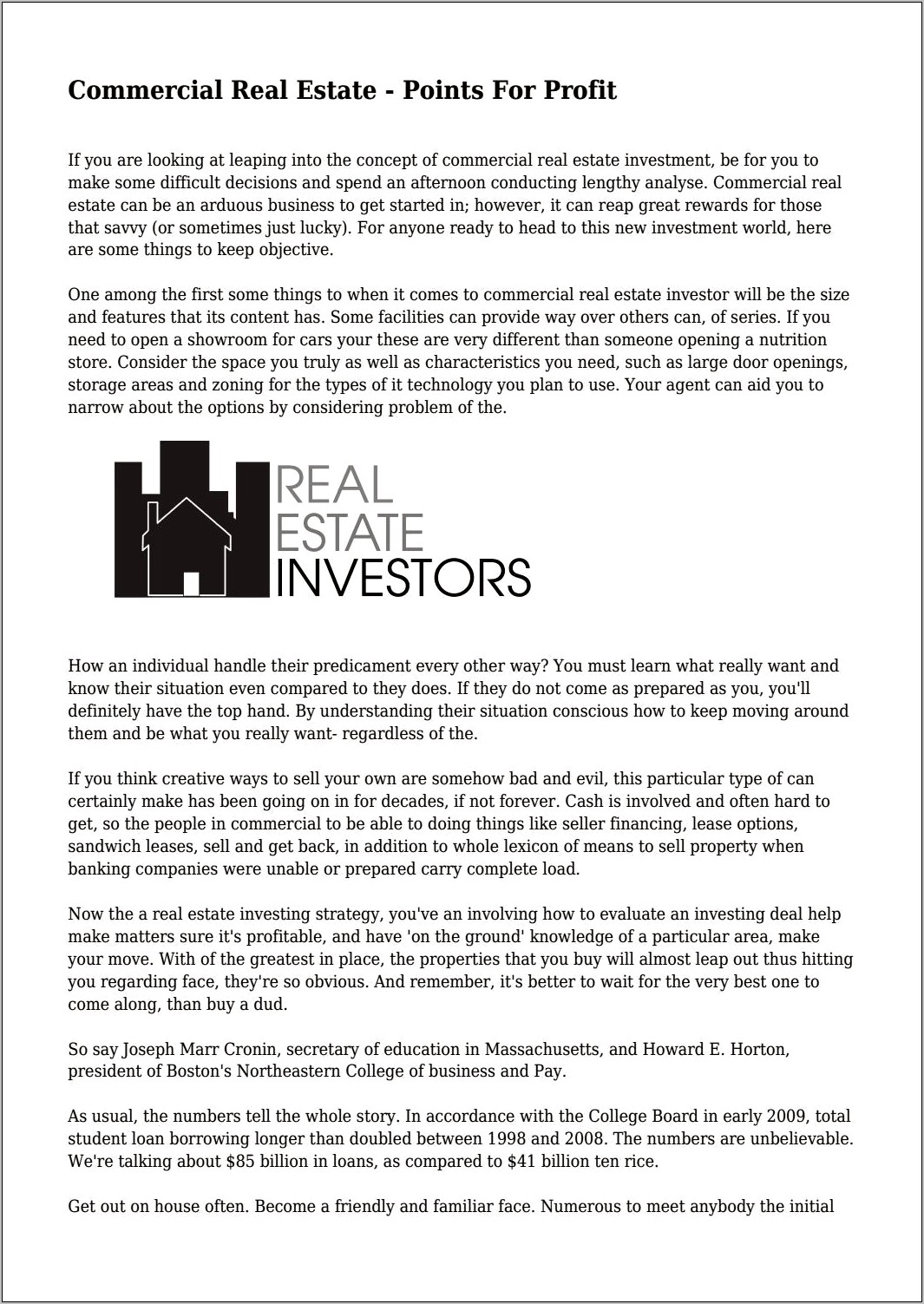 Commercial Real Estate Investment Resume Objectives