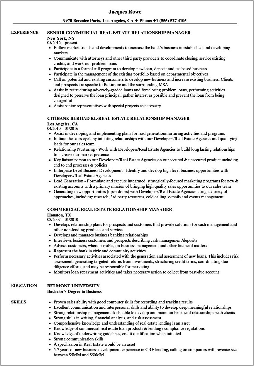 Commercial Real Estate Job Description Resume