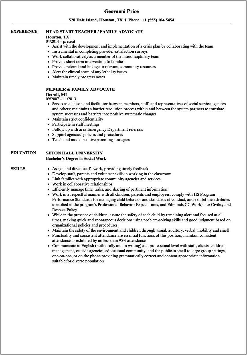 Community Advocate Job Description For Resume