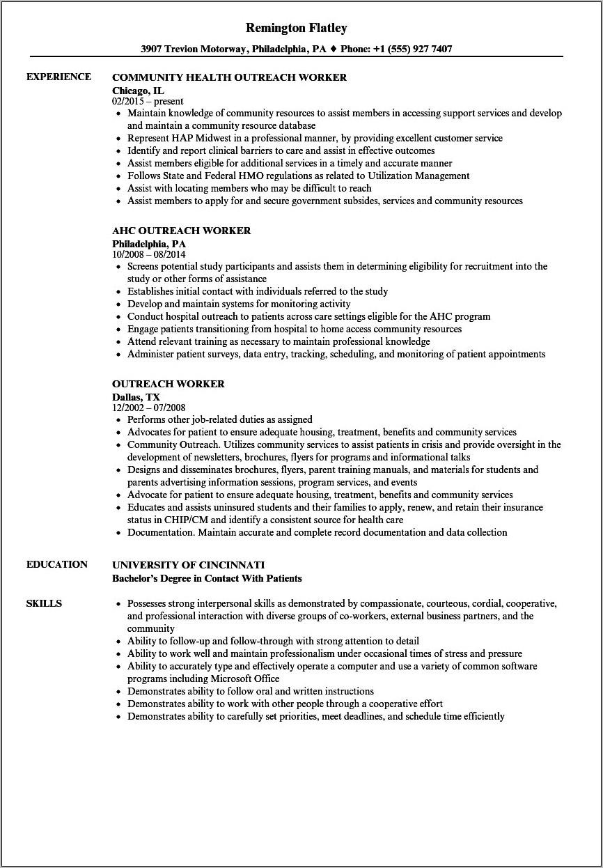 Community Outreach Resume Career Profile Sample