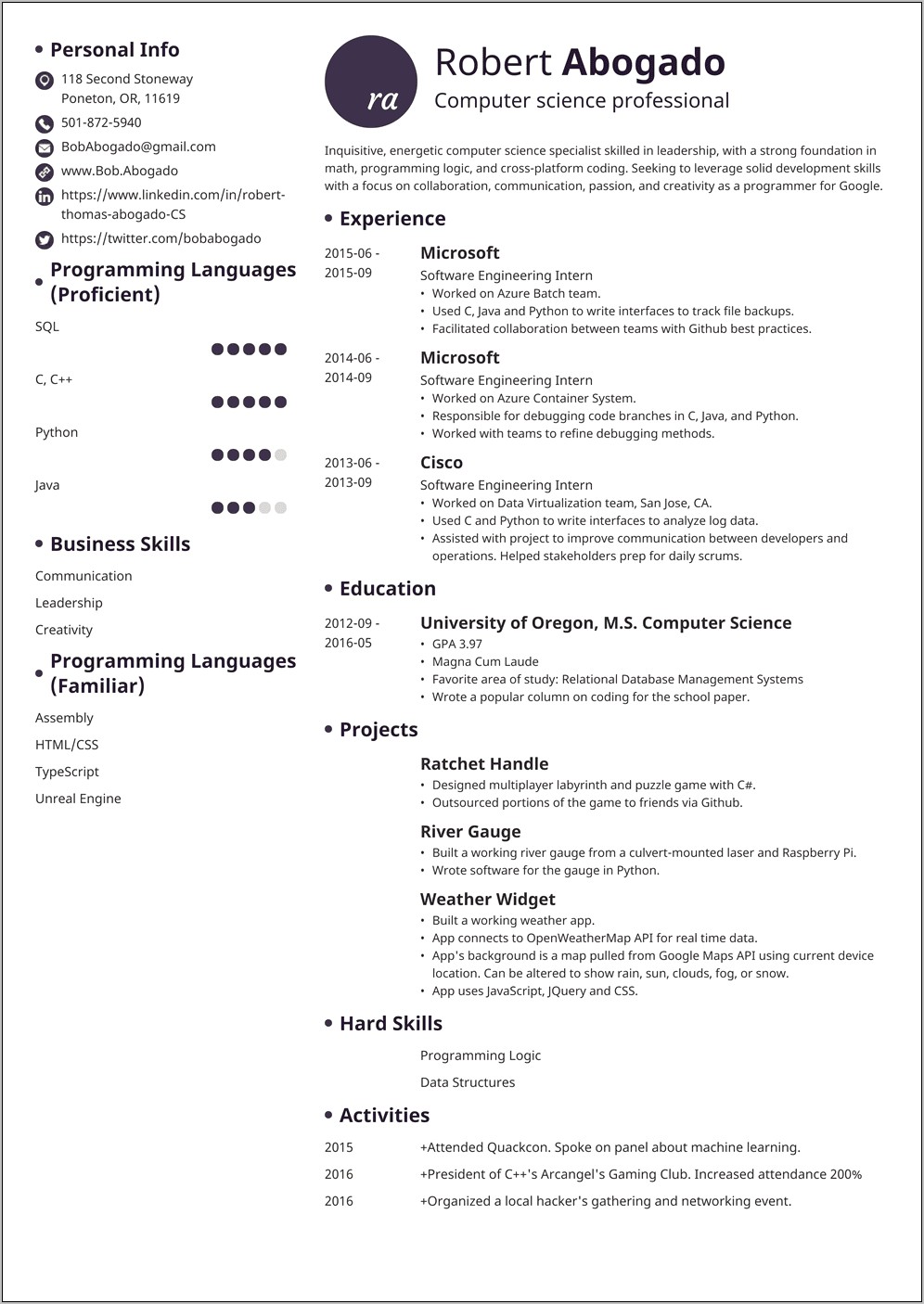 Comp Sci Student Resume No Experience