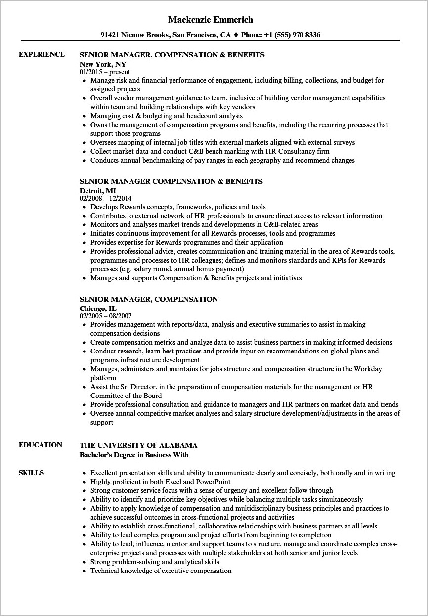 Compensation And Benefits Manager Resume Sample