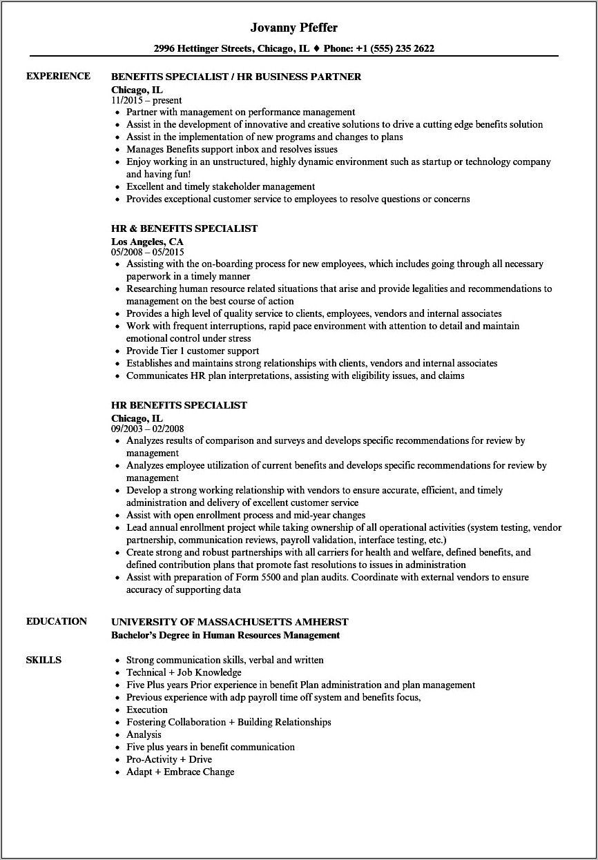 Compensation And Benefits Specialist Resume Sample