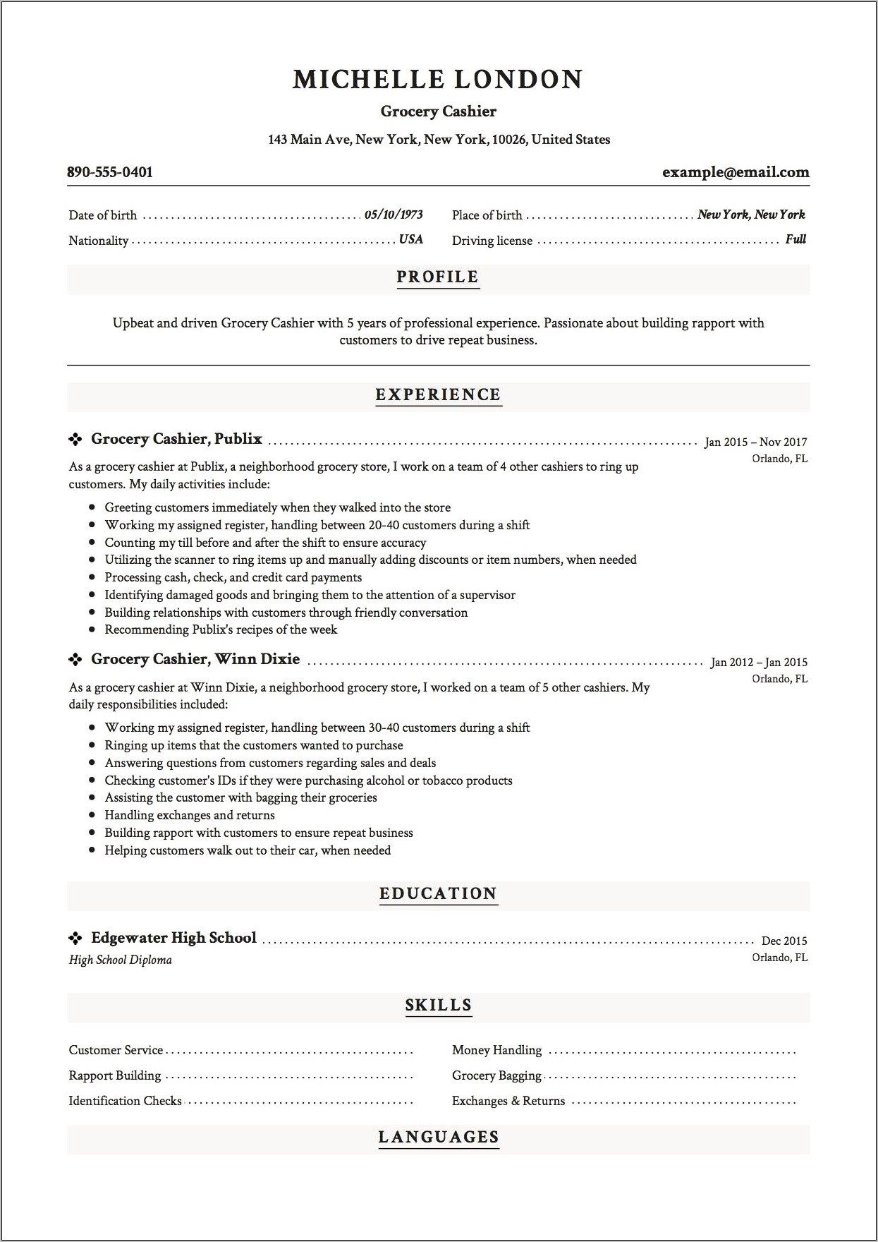 Complete Resume Of A Cashier Example