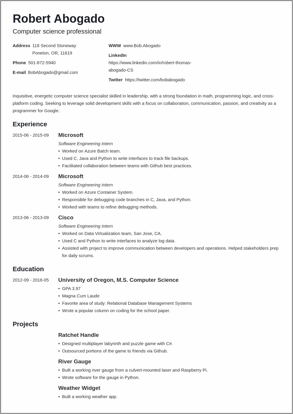 Computer Science Newly Grad Resume Examples