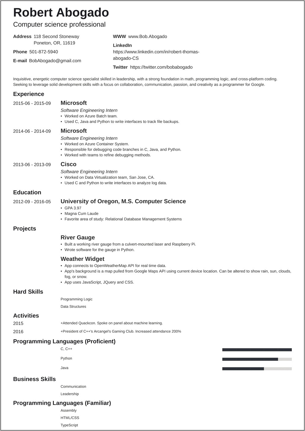 Computer Science Projects On Resume Example