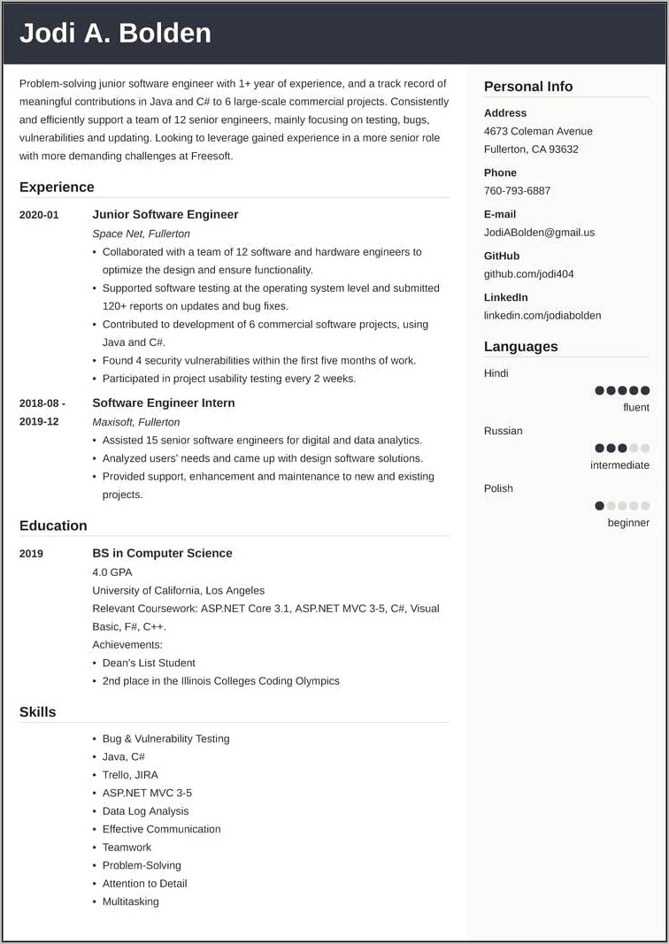Computer Science Resume Example Entry Level