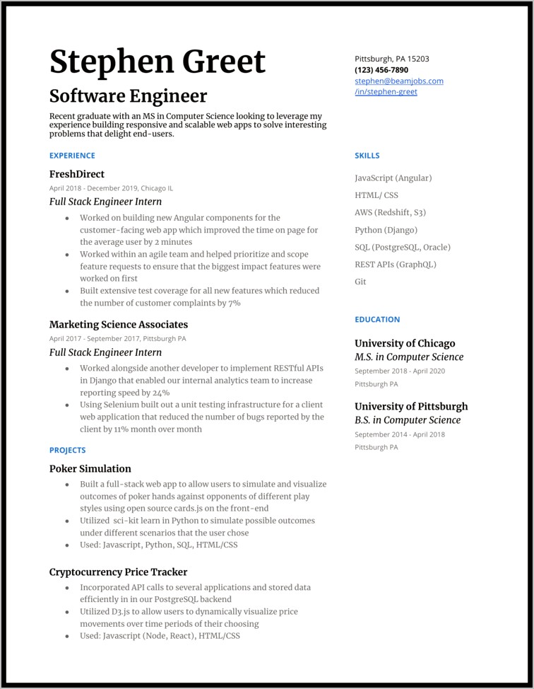 Computer Science Resume Example Without Experience