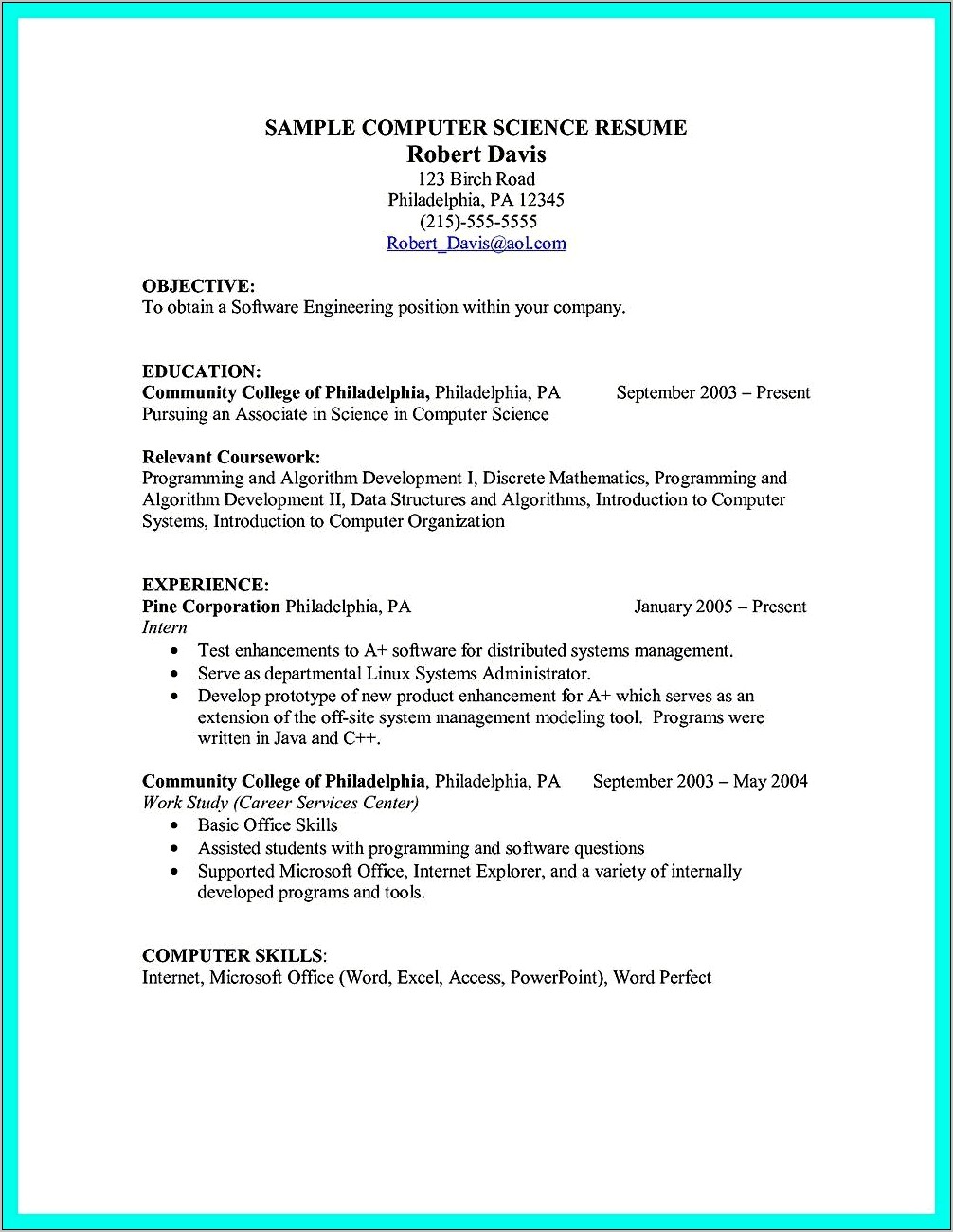 Computer Science Resume No Experience Objective