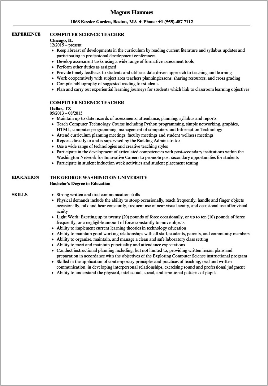 Computer Science Resume Related Course Work