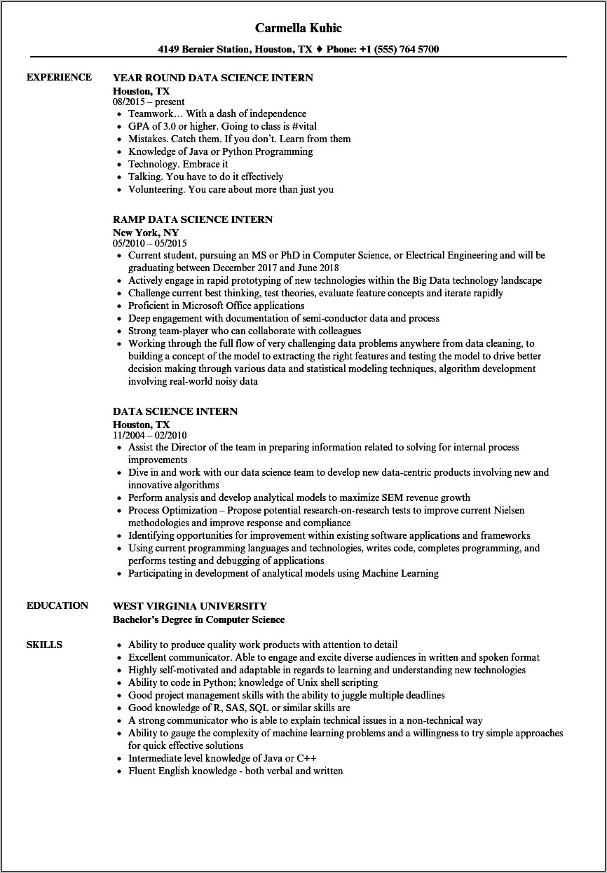 Computer Science Resume With Internship Experience