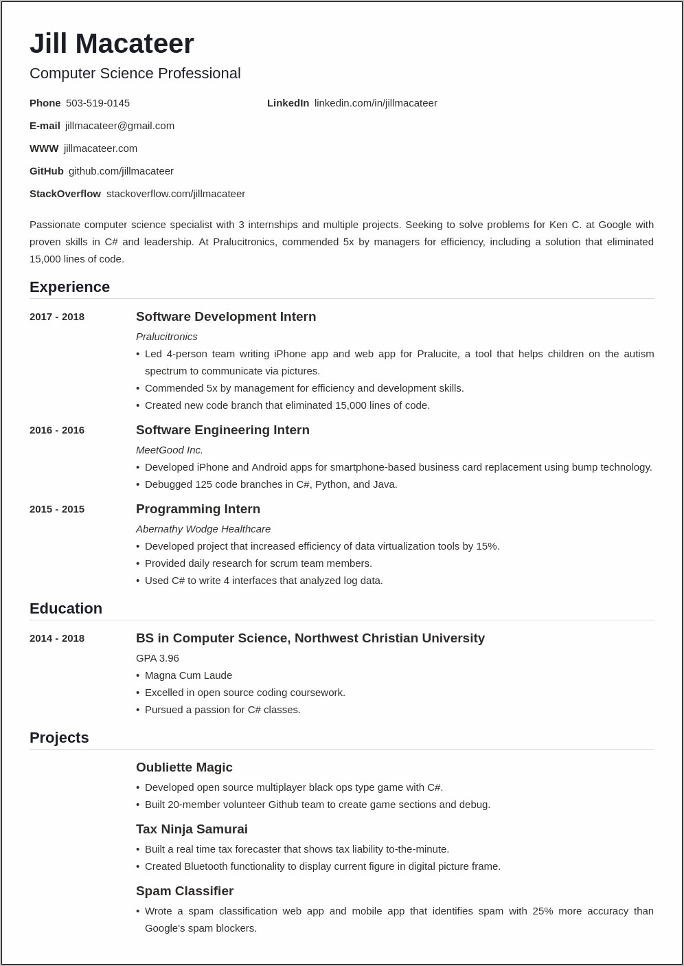 Computer Science Sample Resume For Intern