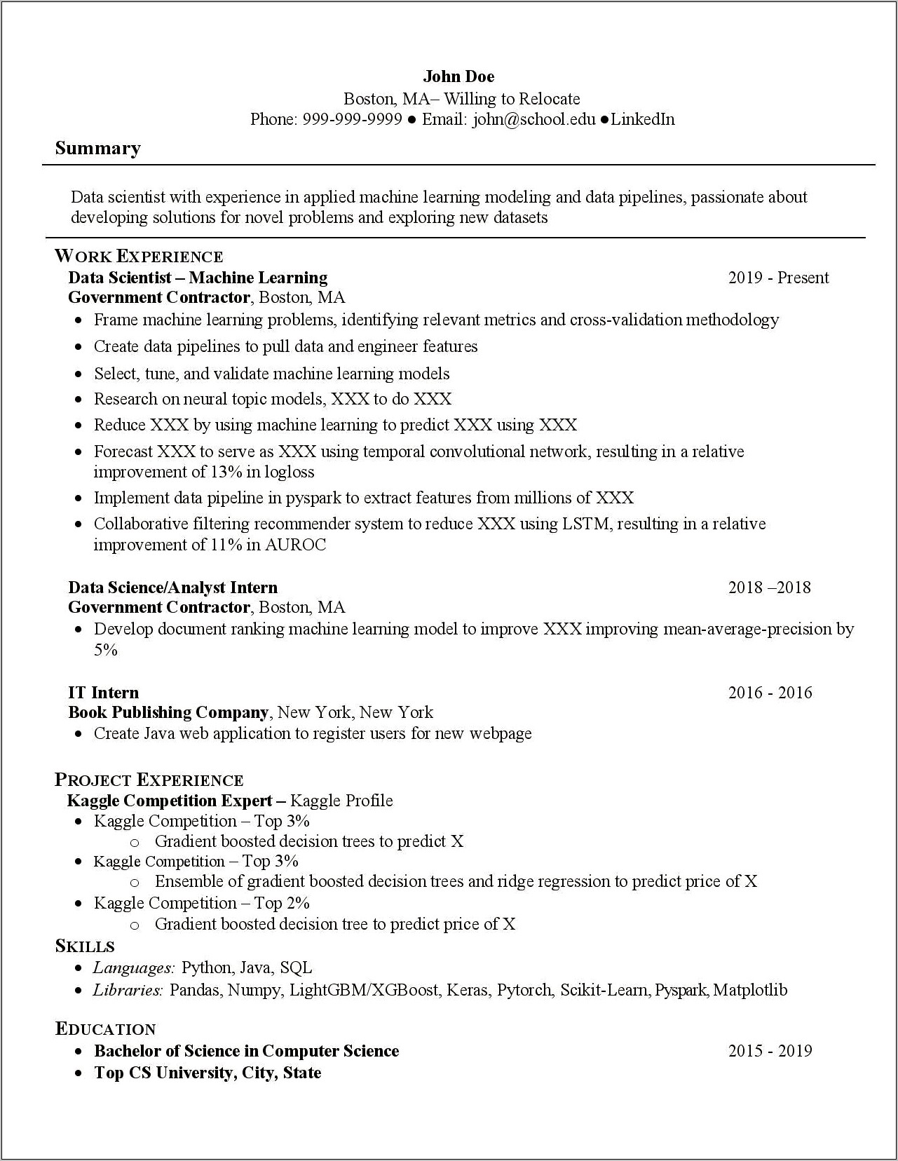 Computer Science Skill Grid Technical Resume