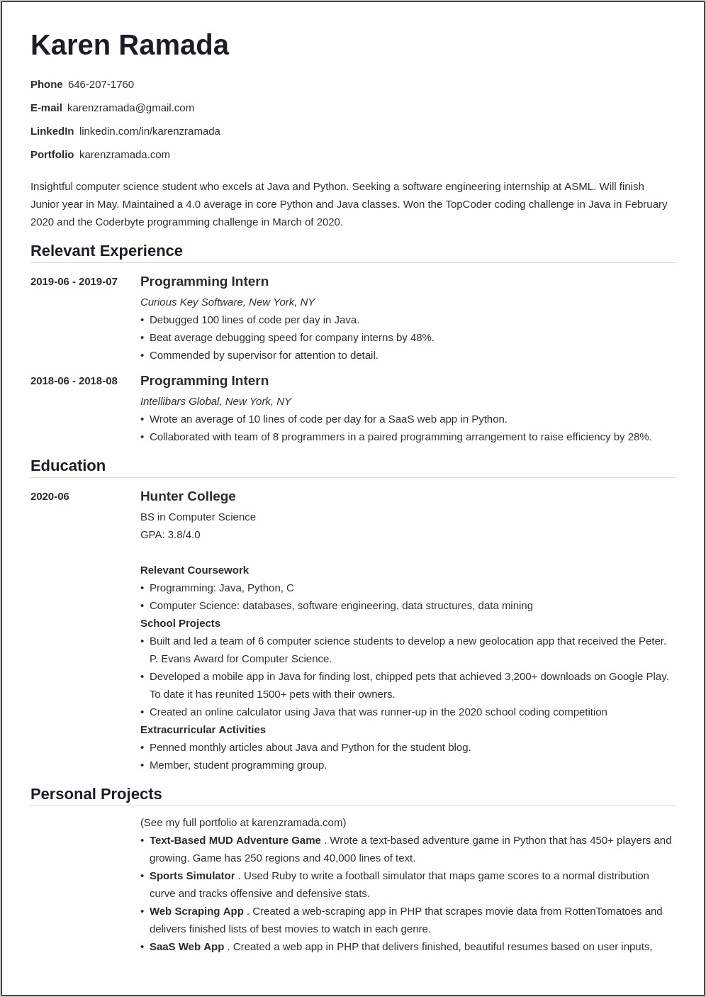Computer Science Student Resume With Experience