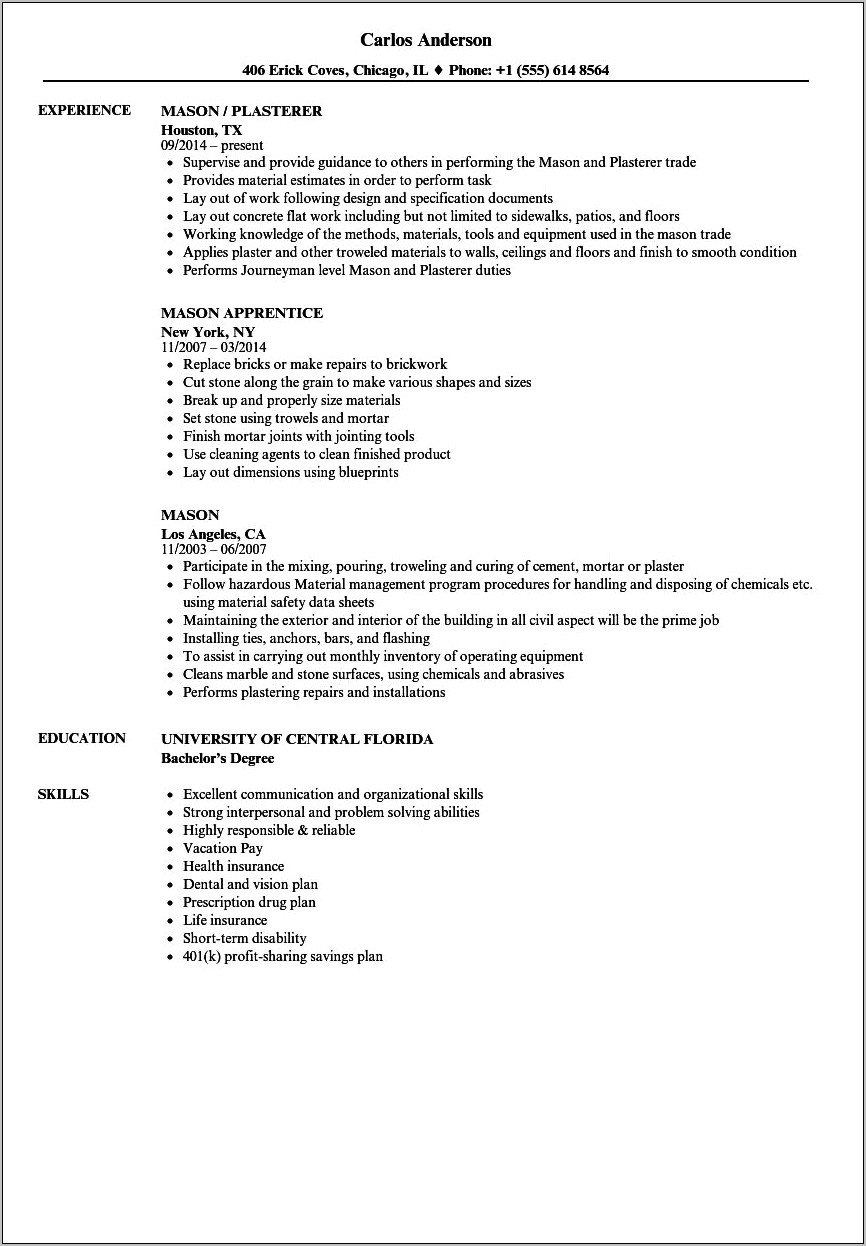 Concrete Finisher Job Description For Resume