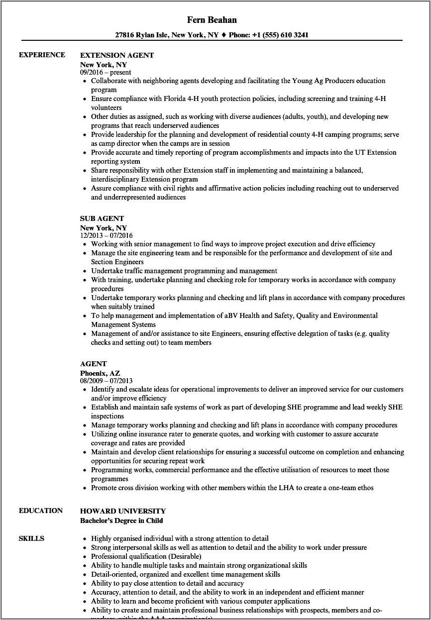 Connection Point Insurance Agent Job Description Resume
