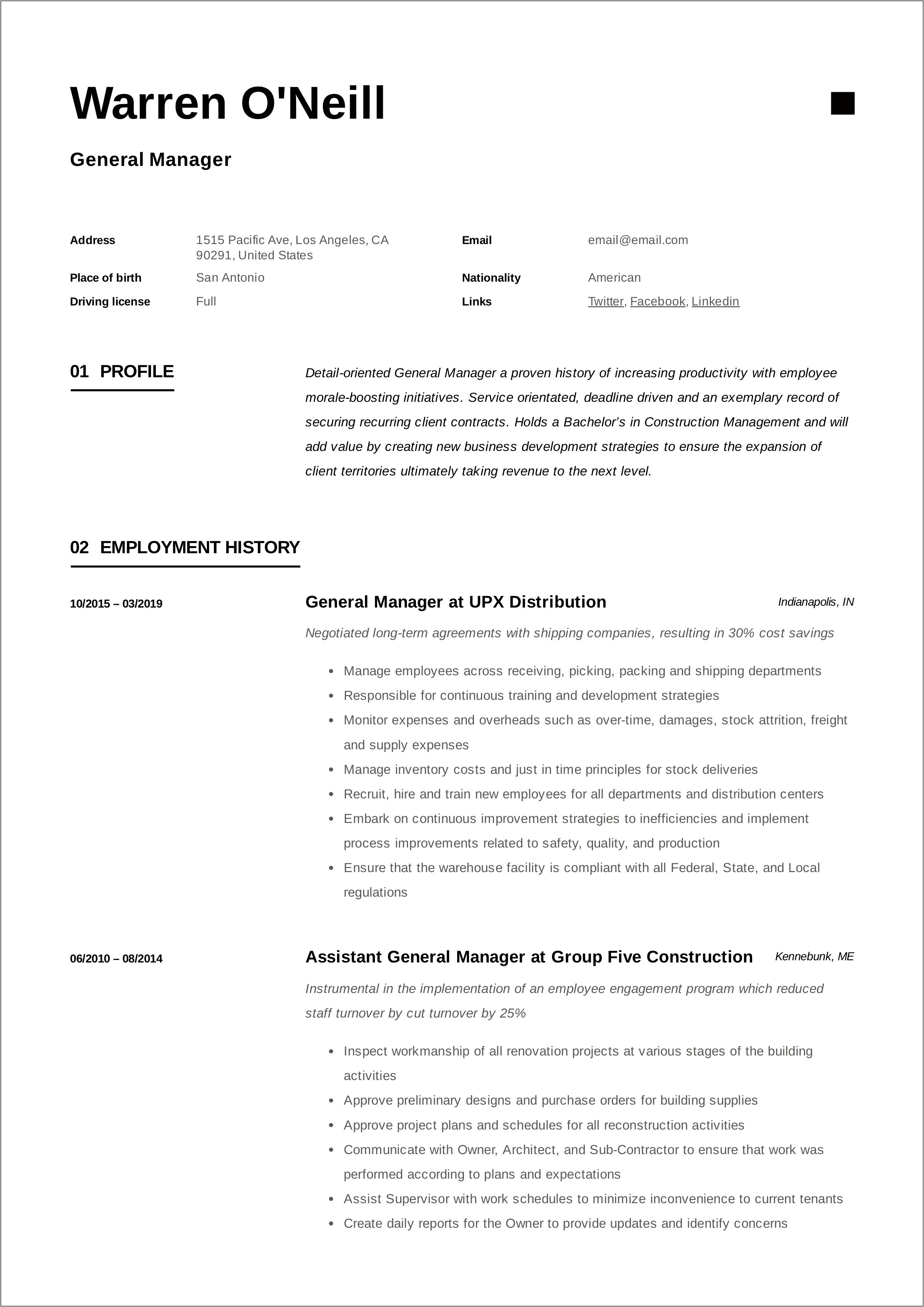 Construction Firm Operational Manager Sample Resume