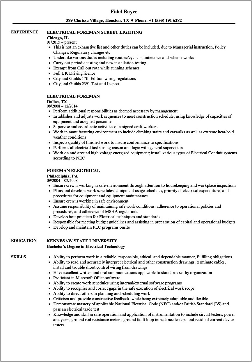 Construction Foreman Resume Examples Samples