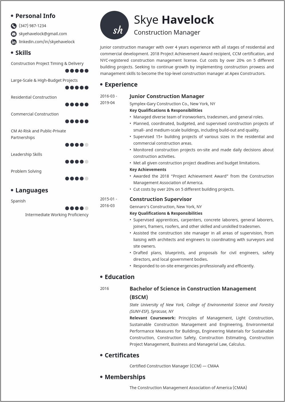 Construction Management Career Objective For Resume