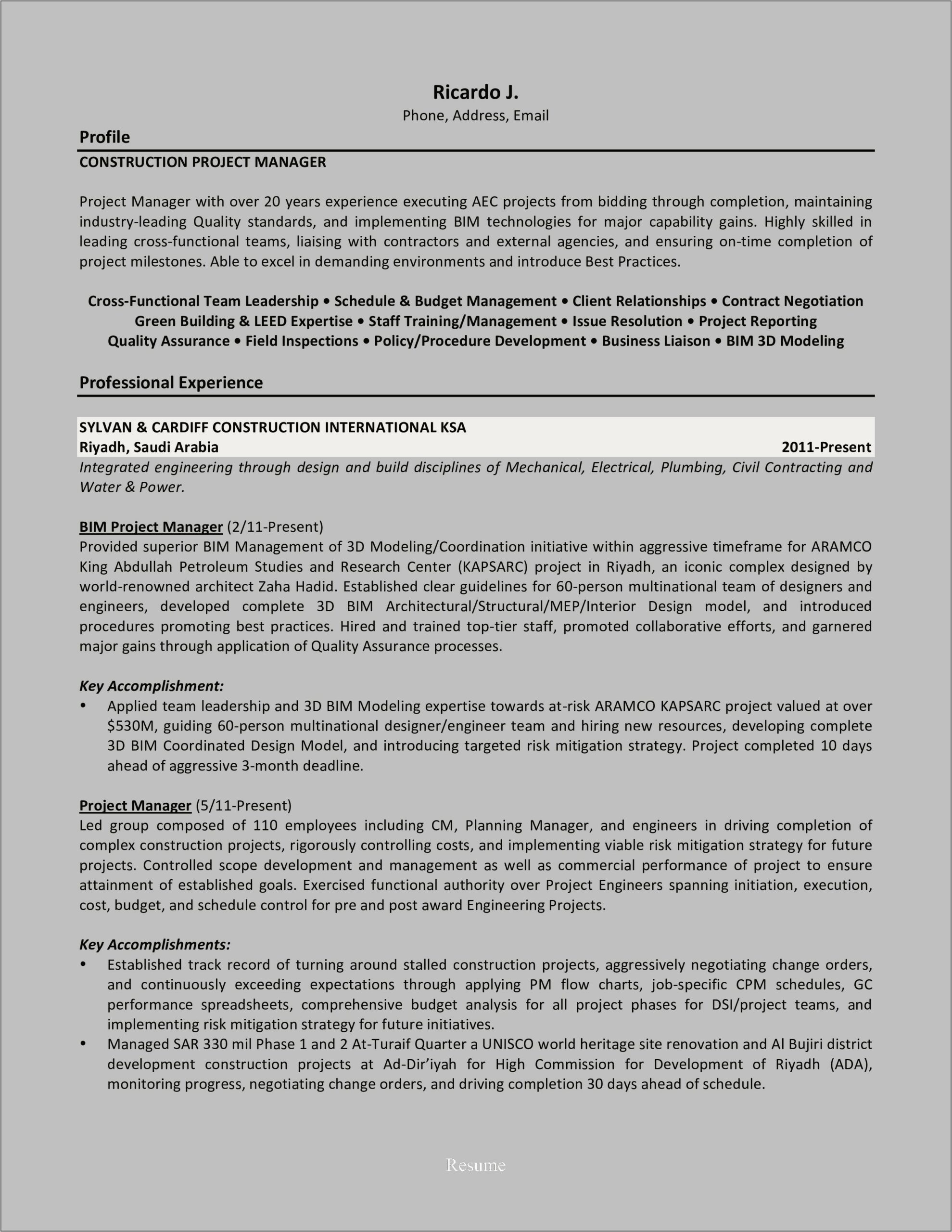 Construction Project Manager Job Resume Templates