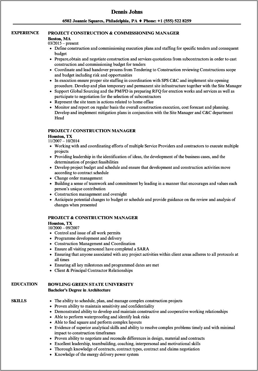 Construction Project Manager Resume Change Order