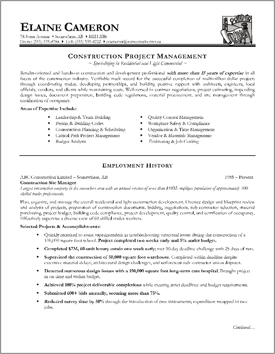Construction Project Manager Resume Examples Pdf