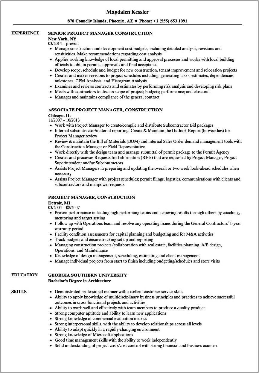 Construction Project Manager Resumes Examples 2019