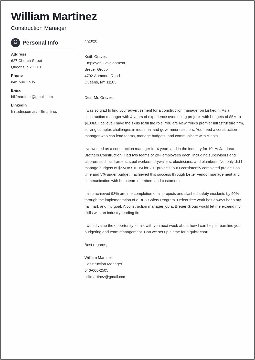 Construction Resume Cover Letter Free Samples