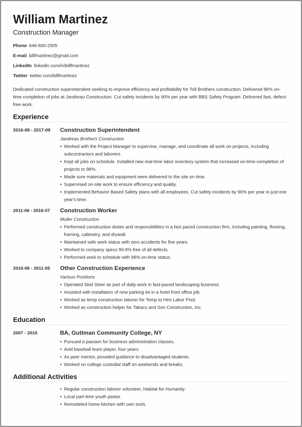 Construction Resume Templates For Microsoft Word