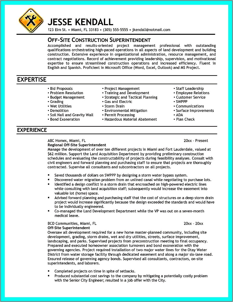 Construction Superintendent Resume Cover Letter Sample