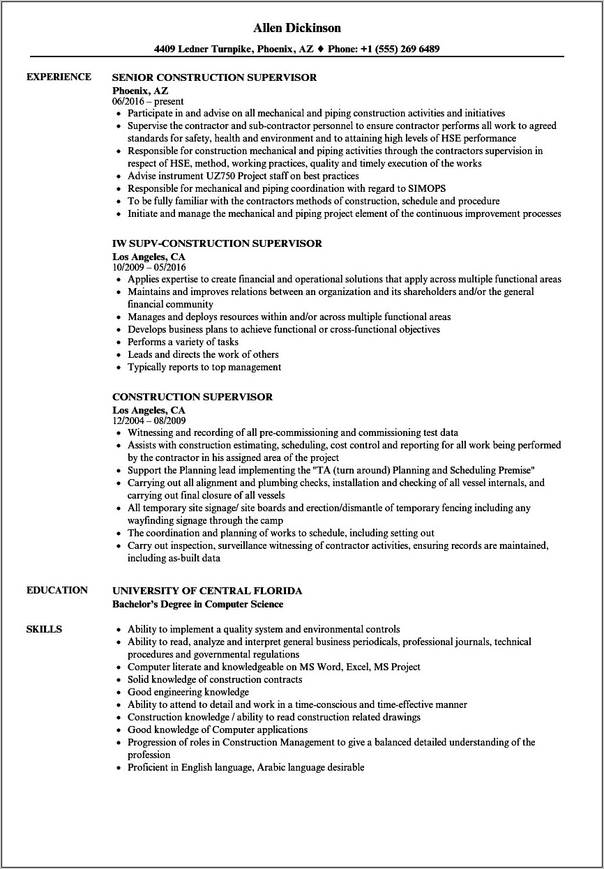 Construction Supervisor Job Description For Resume