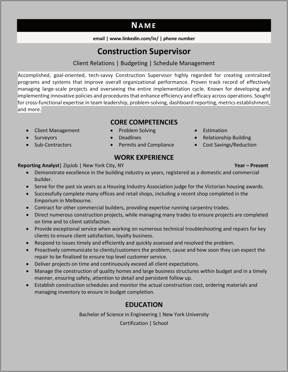 Construction Supervisor Job Description Resume