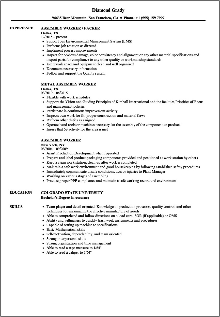 Construction Work Job Description For Resume