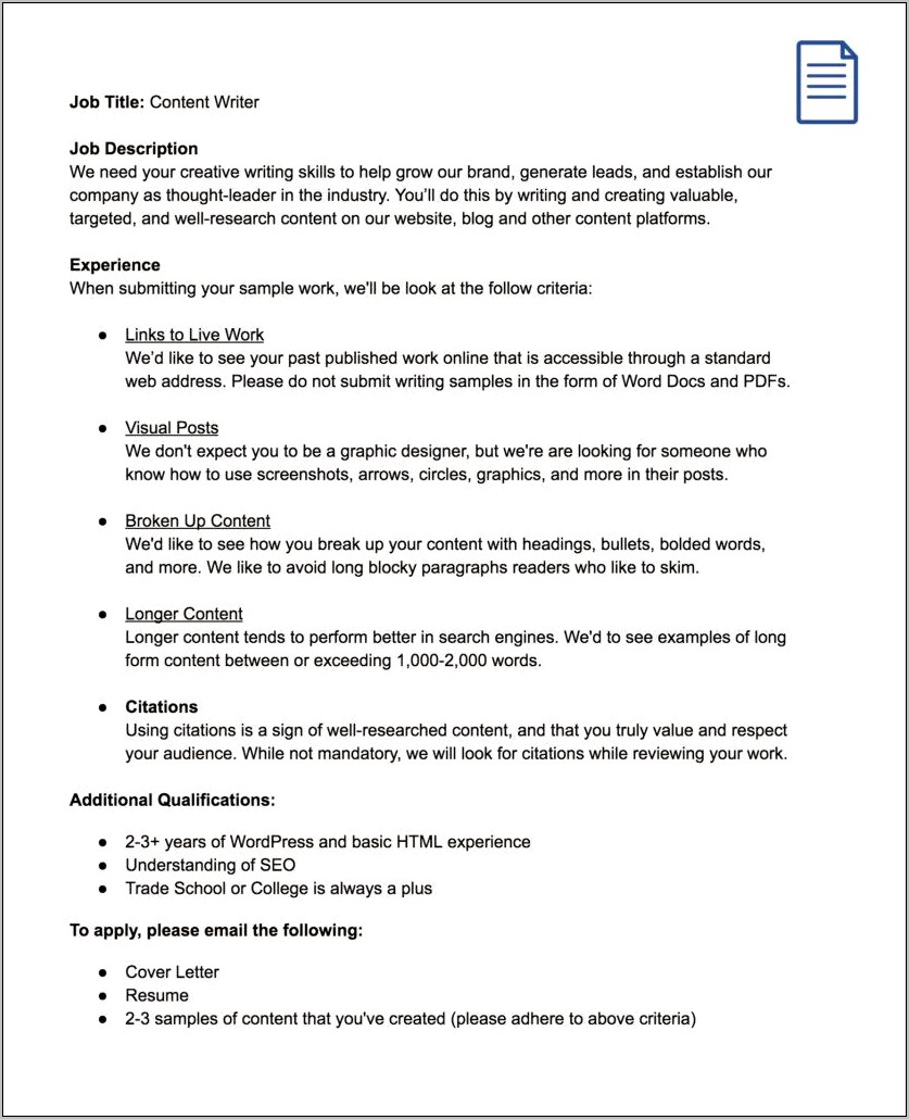 Content Writer Job Description For Resume