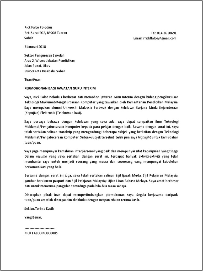 Contoh Cover Letter Resume Bahasa Melayu