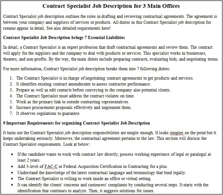 Contract Specialist Resume For Fac C Certification Example