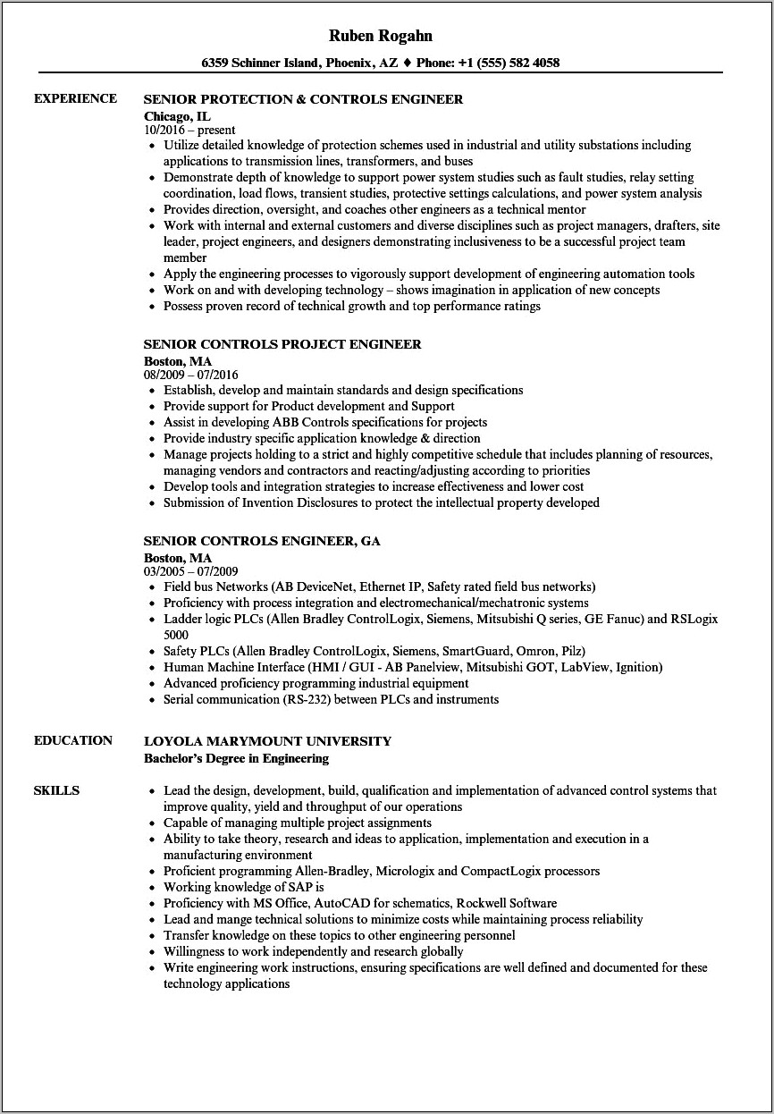 Control Systems Engineer Resume Samples