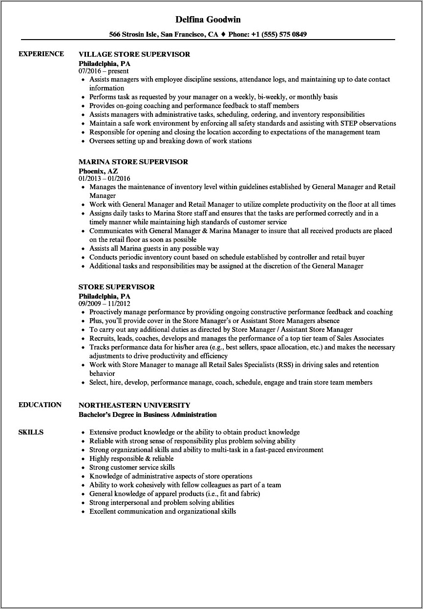 Convenience Store Assistant Manager Job Description For Resume