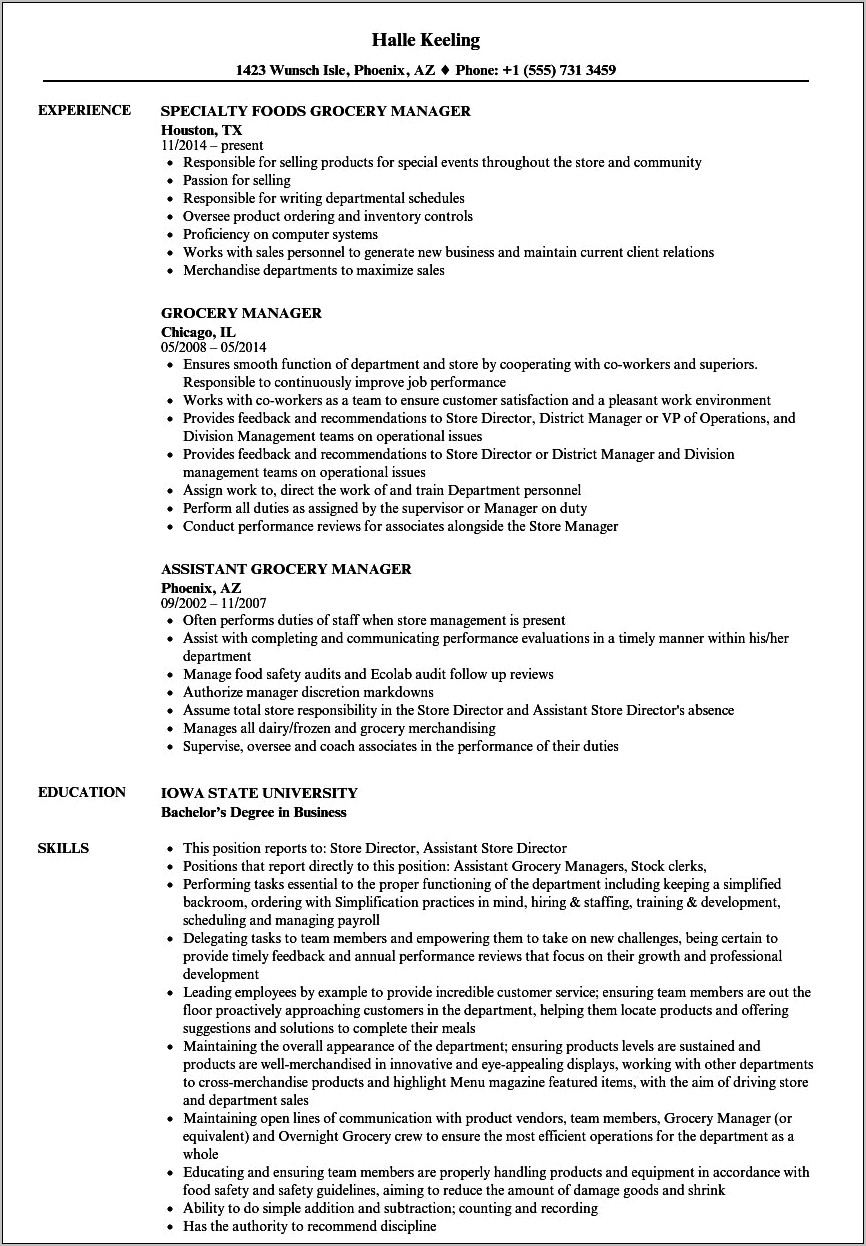 Convenience Store Assistant Manager Resume Sample