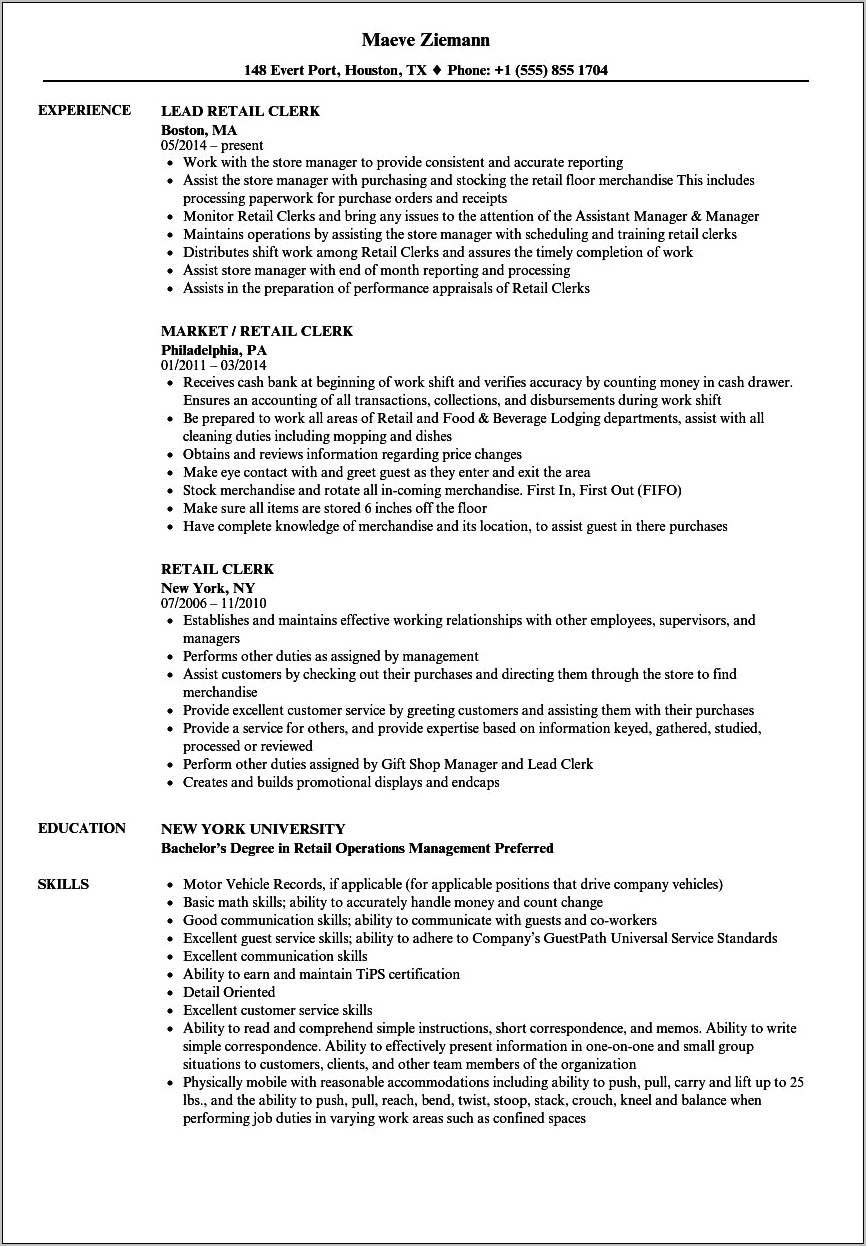 Convenience Store Clerk Job Description For Resume