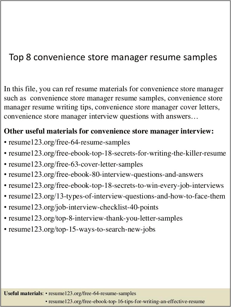 Convenience Store Manager Resume Sample