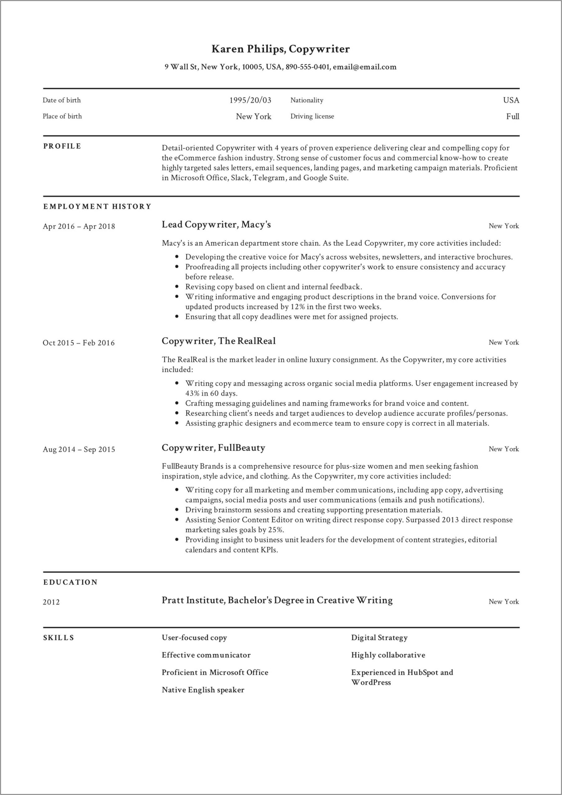 Copy And Paste Resume For Free