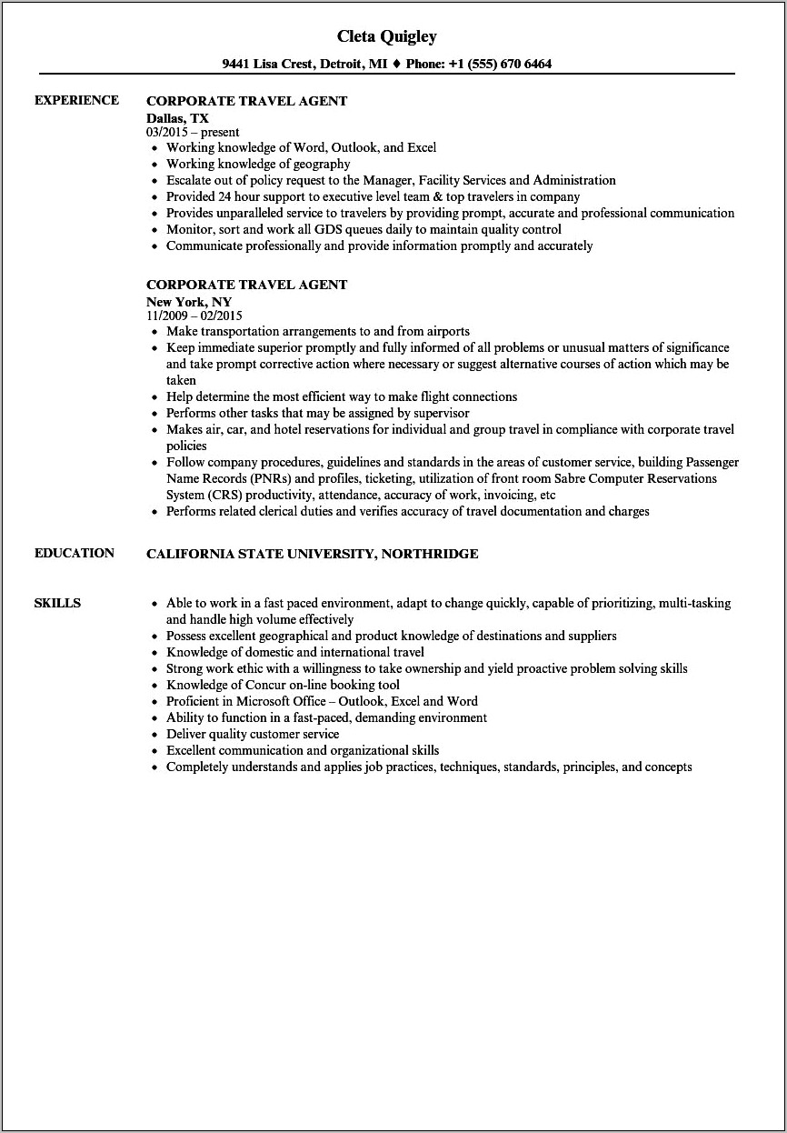 Corp Travel Agent Job Description For Resume