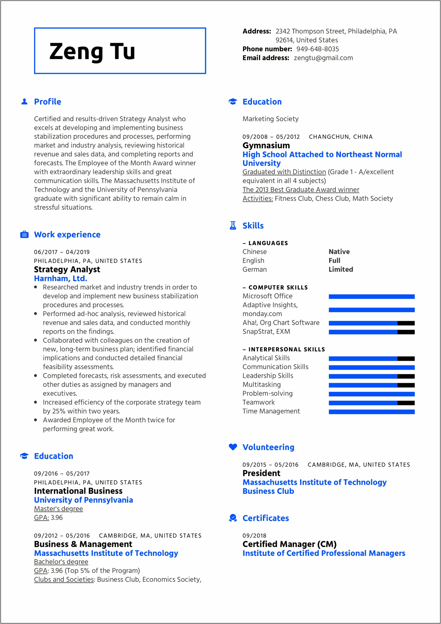 Corporate Strategy Analyst Quantitative Sample Resume