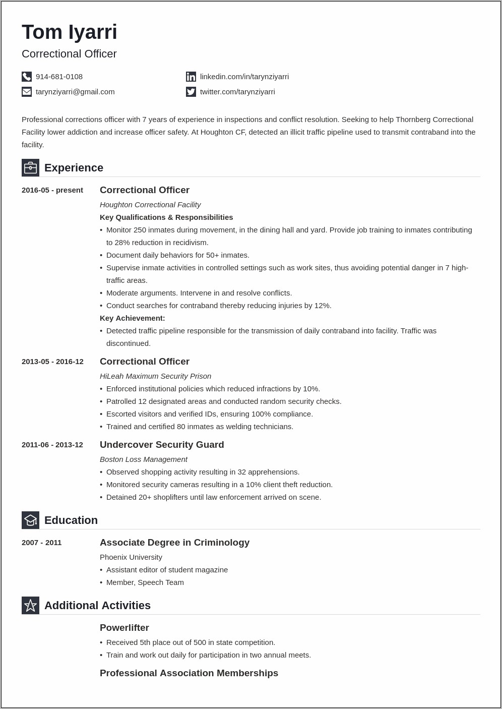 Correctional Officer Resume Work History With No Experience