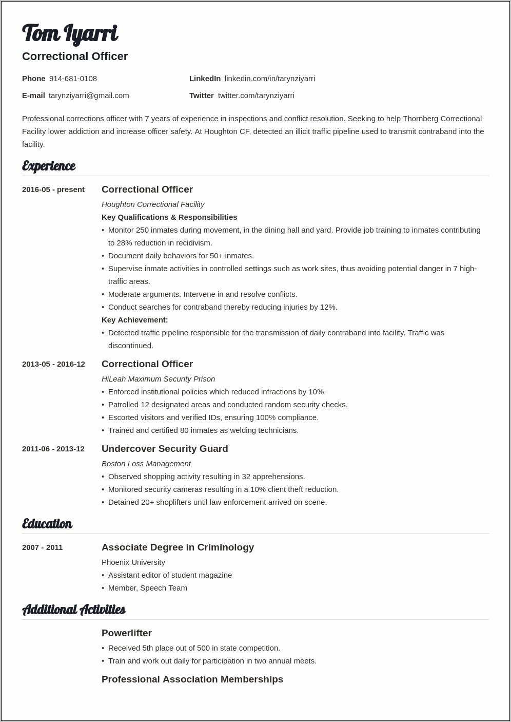 Corrections Lieutenant Preferred Qualifications Examples For Resume
