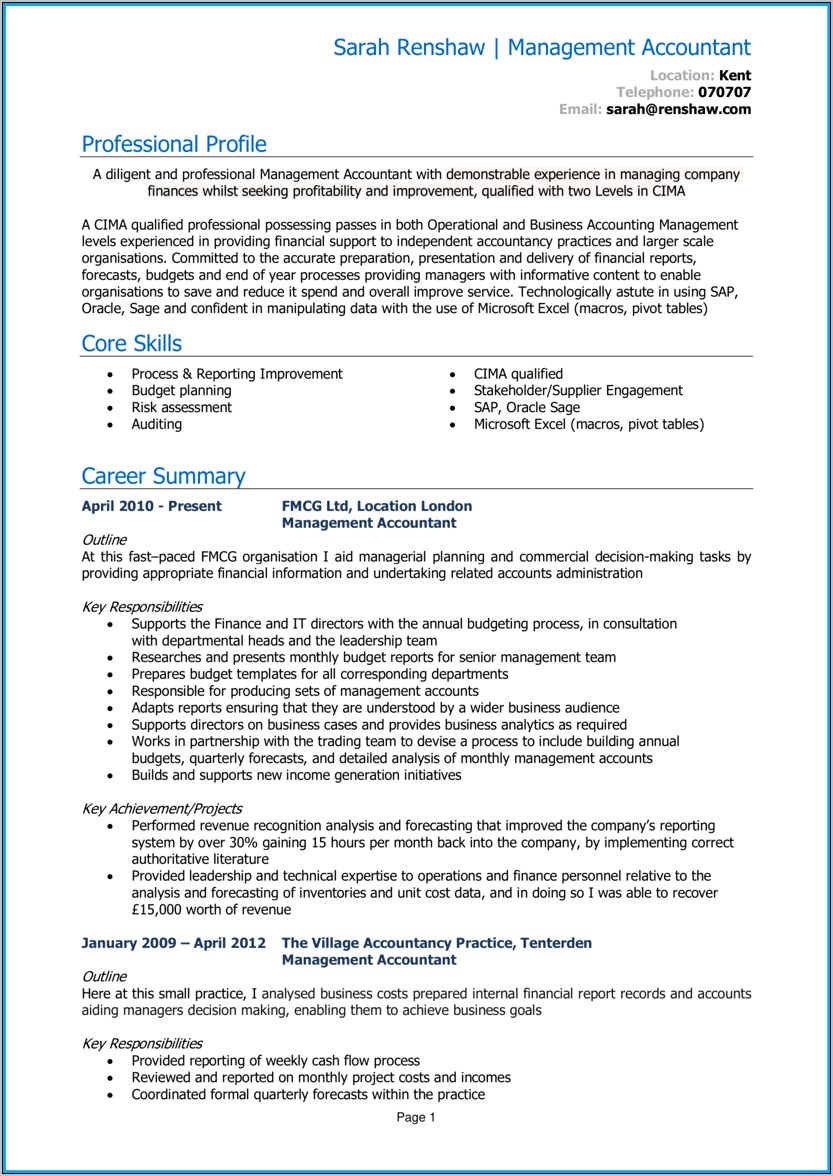 Cost And Management Accountant Cma Resume