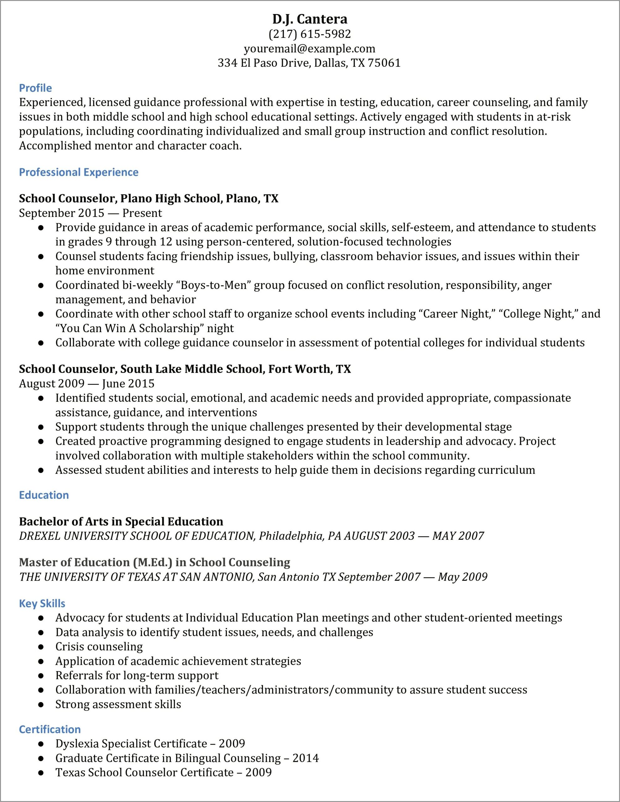 Counseling Approach In School Counselor Resume
