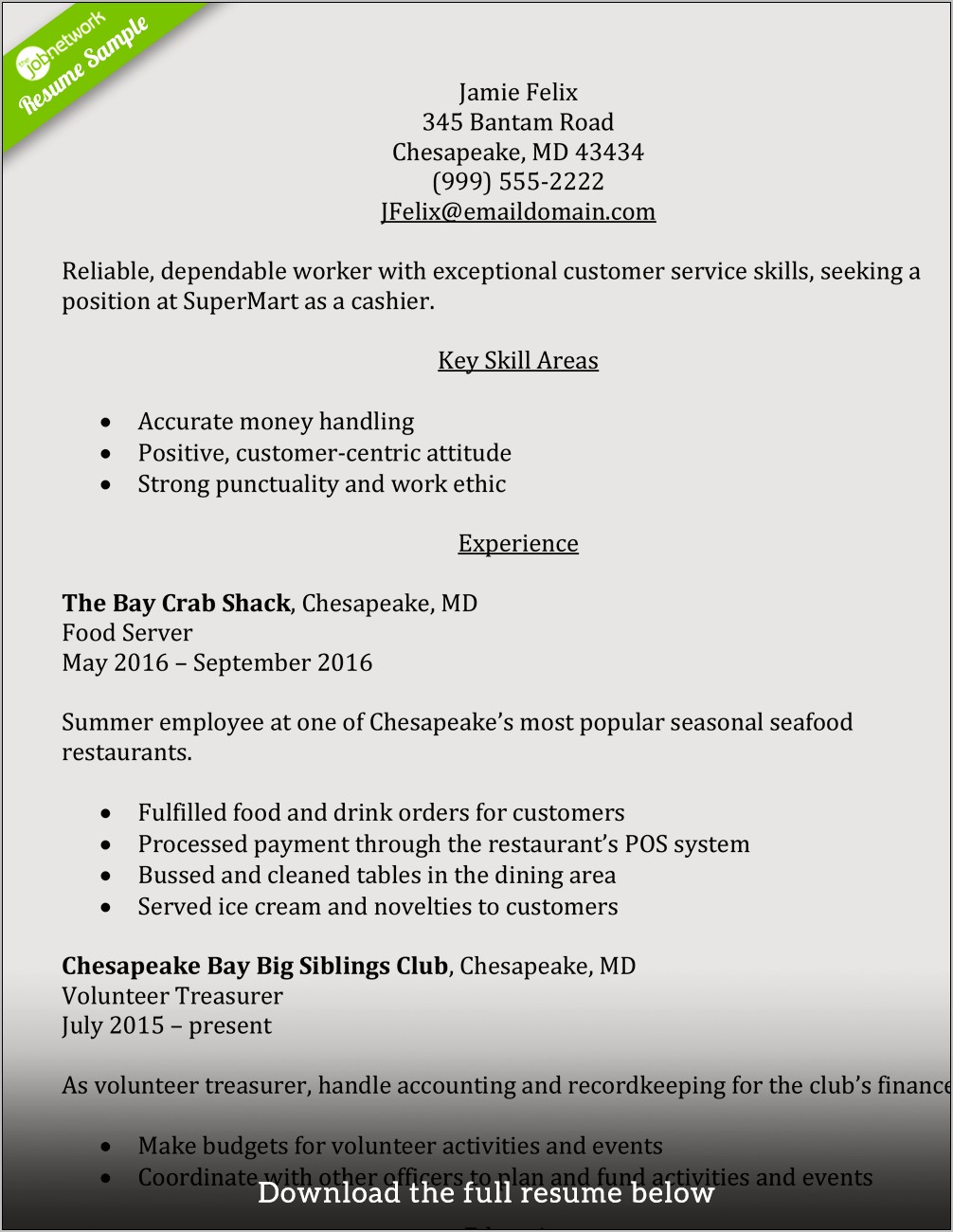 Country Club Server Job Description For Resume