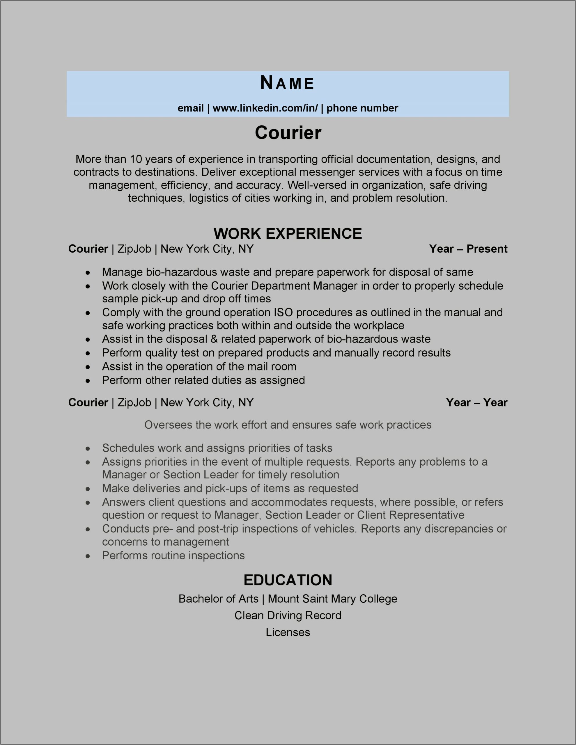 Courier Delivery Expert Job Description For Resume